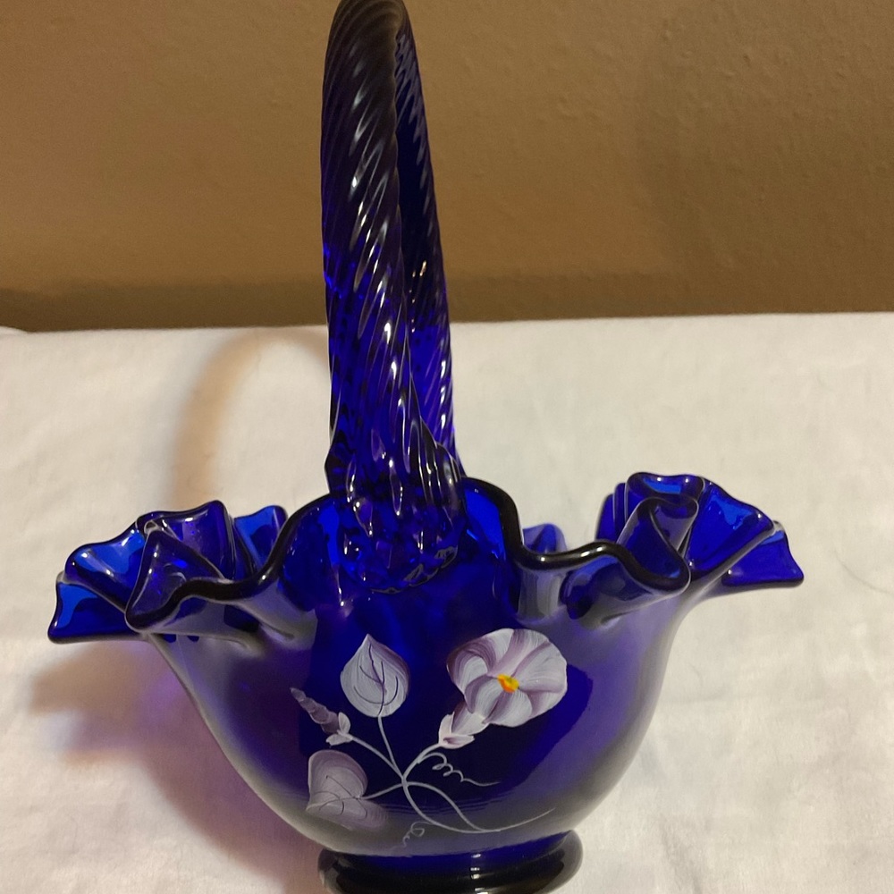 FENTON COBALT BLUE RUFFLED BASKET, HANDPAINTED & SIGNED